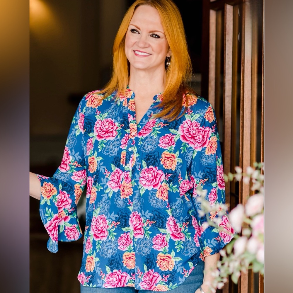 EUC Pioneer Woman 3/4 Ruffle Sleeve FLORAL CottageCore Peasant Blouse Top XS